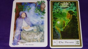 The Hermit from The Gaian Tarot and from The Gendron Tarot deck.