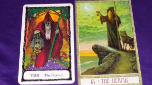 The Hermit from The Sacred Rose Tarot deck and The Druid Craft Tarot