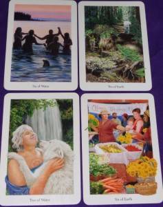 6 of Water, 10 of Earth, 2 of Water, 6 of Earth from Gaian Tarot.