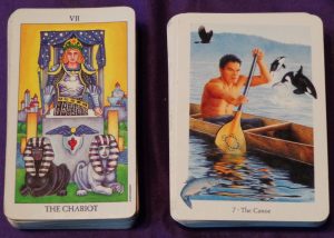 The Chariot from R.W.S. deck and The Canoe from The Gaian Tarot.