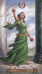 Justice, a strong lady balancing a scale in her right hand